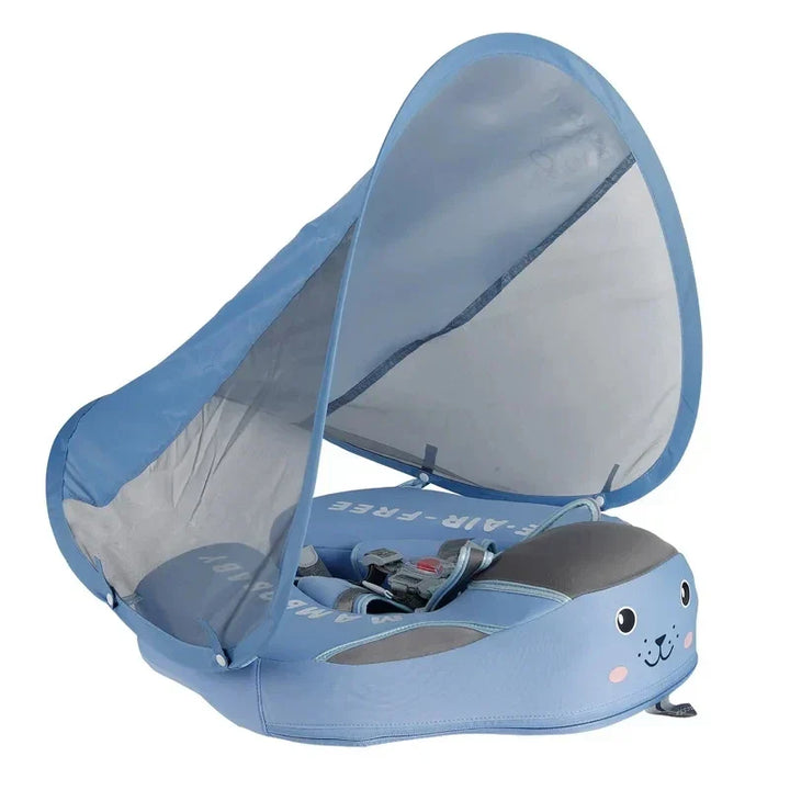 "Bouée bébé bleue avec parasol intégré, siège ergonomique et sangles ajustables pour sécurité en piscine ou à la plage."
