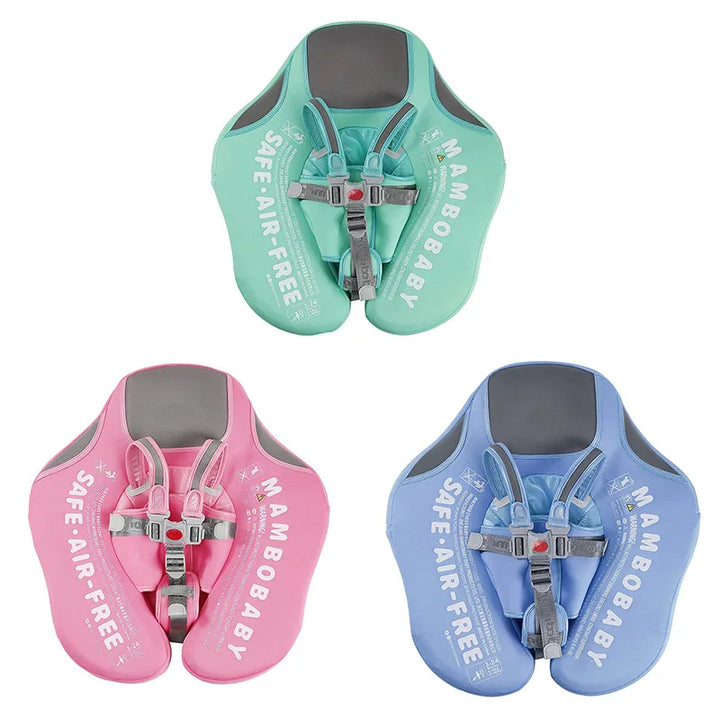 "Bouée bébé bleue avec parasol intégré, siège ergonomique et sangles ajustables pour sécurité en piscine ou à la plage."