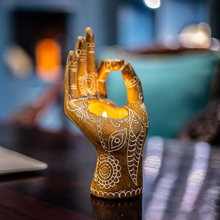Bougeoir main Bouddha en résine. Déco zen, sérénité.  Ambiance chaleureuse et apaisante.