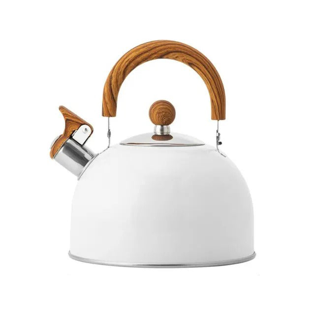 "Bouilloire à sifflet inoxydable élégante, grande capacité, design moderne, idéale pour cuisine, blanc, noir, vert clair."