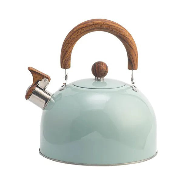 "Bouilloire à sifflet inoxydable élégante, grande capacité, design moderne, idéale pour cuisine, blanc, noir, vert clair."