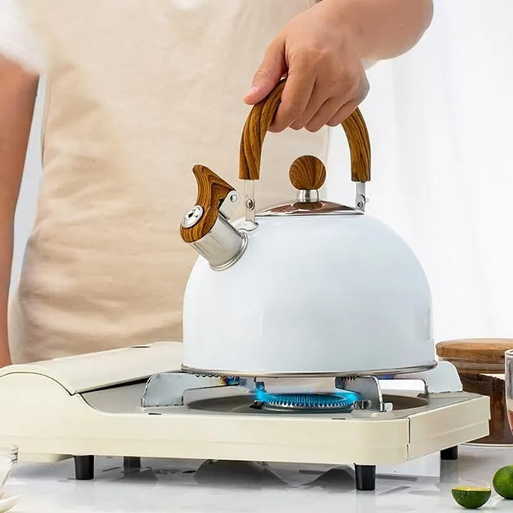 "Bouilloire à sifflet inoxydable élégante, grande capacité, design moderne, idéale pour cuisine, blanc, noir, vert clair."