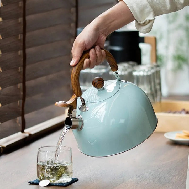 "Bouilloire à sifflet inoxydable élégante, grande capacité, design moderne, idéale pour cuisine, blanc, noir, vert clair."