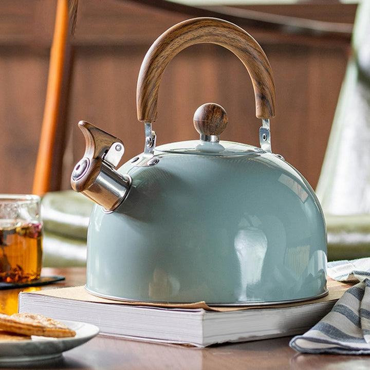 "Bouilloire à sifflet inoxydable élégante, grande capacité, design moderne, idéale pour cuisine, blanc, noir, vert clair."
