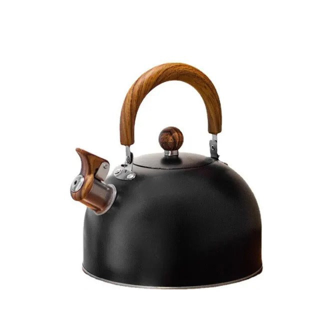 "Bouilloire à sifflet inoxydable élégante, grande capacité, design moderne, idéale pour cuisine, blanc, noir, vert clair."