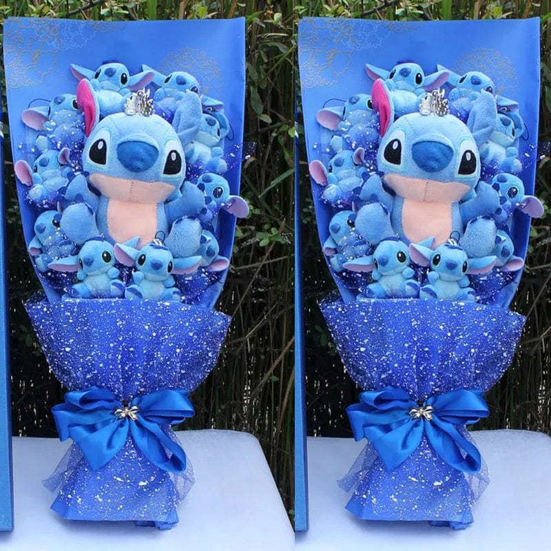 "Bouquet peluches colorées avec Stitch et amis, cadeau magique pour enfants, décoration douillette et festive."