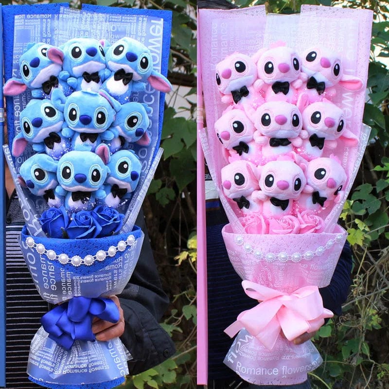 "Bouquet peluches colorées avec Stitch et amis, cadeau magique pour enfants, décoration douillette et festive."