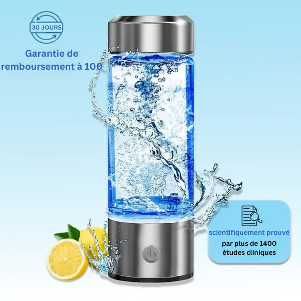 Bouteille d'eau à hydrogène portable 400ml pour boost santé, énergie et vitalité quotidienne. Électrolyse anti-âge.