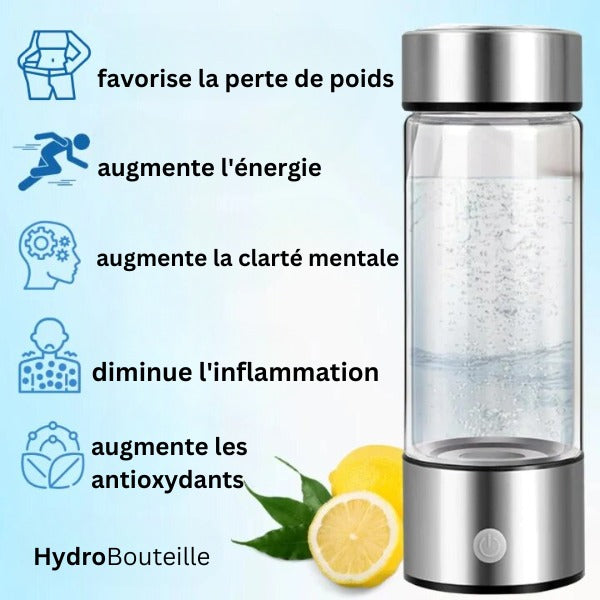 Bouteille d'eau à hydrogène avec électrolyse pour hydratation riche en antioxydants, soutien immunitaire et bien-être.