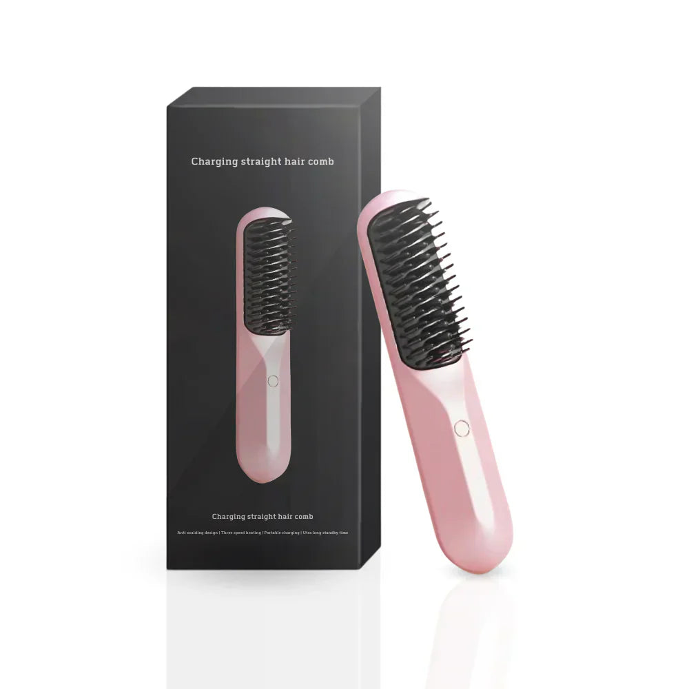 "Brosse à cheveux ionique sans fil, compact, noir et rose, pour boucles parfaites et cheveux lisses et brillants."