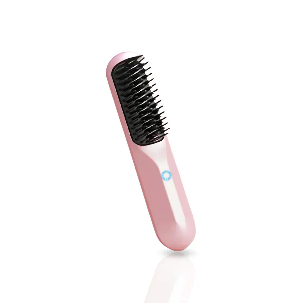 "Brosse à cheveux ionique sans fil, compact, noir et rose, pour boucles parfaites et cheveux lisses et brillants."
