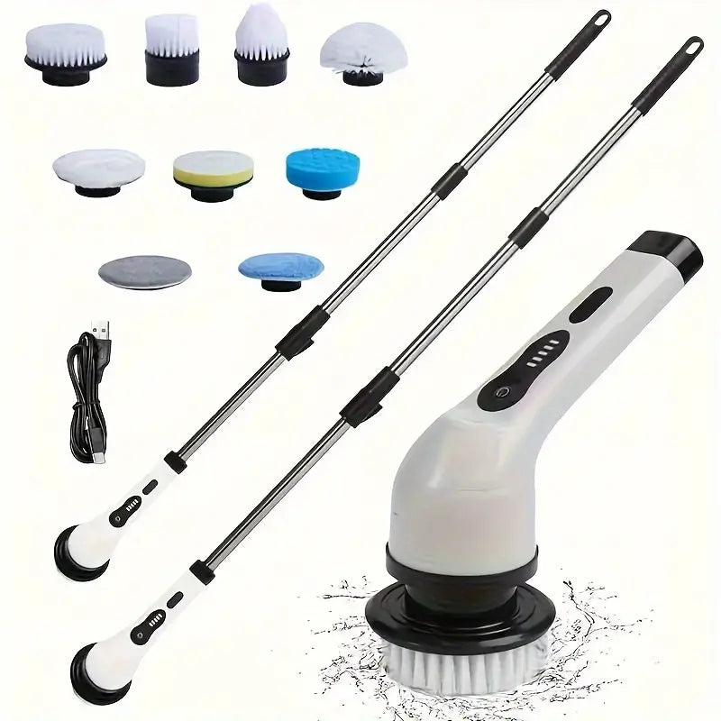 "Brosse de nettoyage automatique 9en1 blanche et verte avec 9 têtes interchangeables pour surfaces variées."
