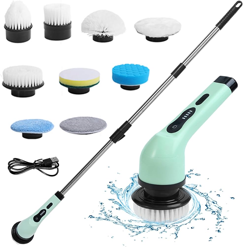 "Brosse de nettoyage automatique 9en1 blanche et verte avec 9 têtes interchangeables pour surfaces variées."