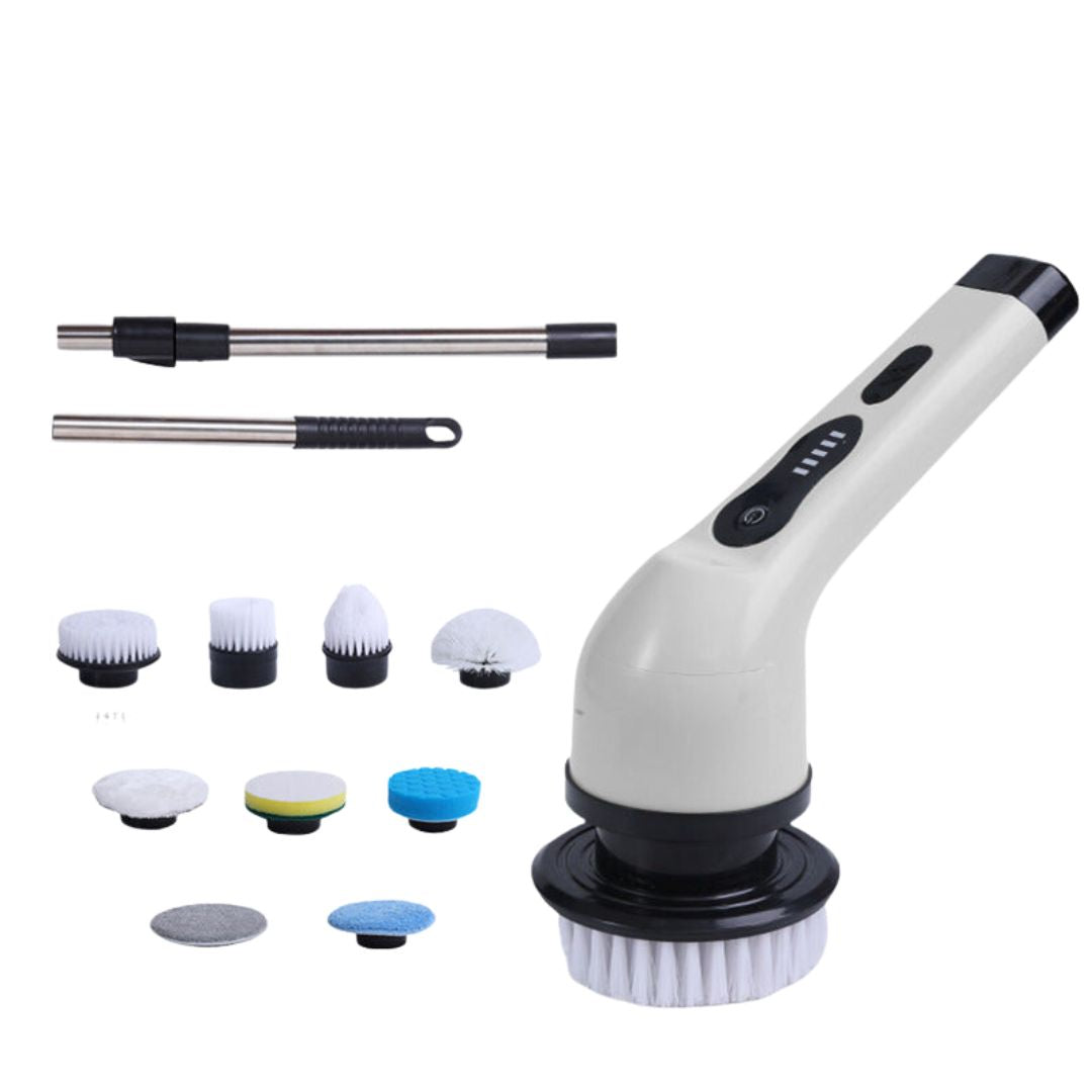 "Brosse de nettoyage automatique 9en1 blanche et verte avec 9 têtes interchangeables pour surfaces variées."