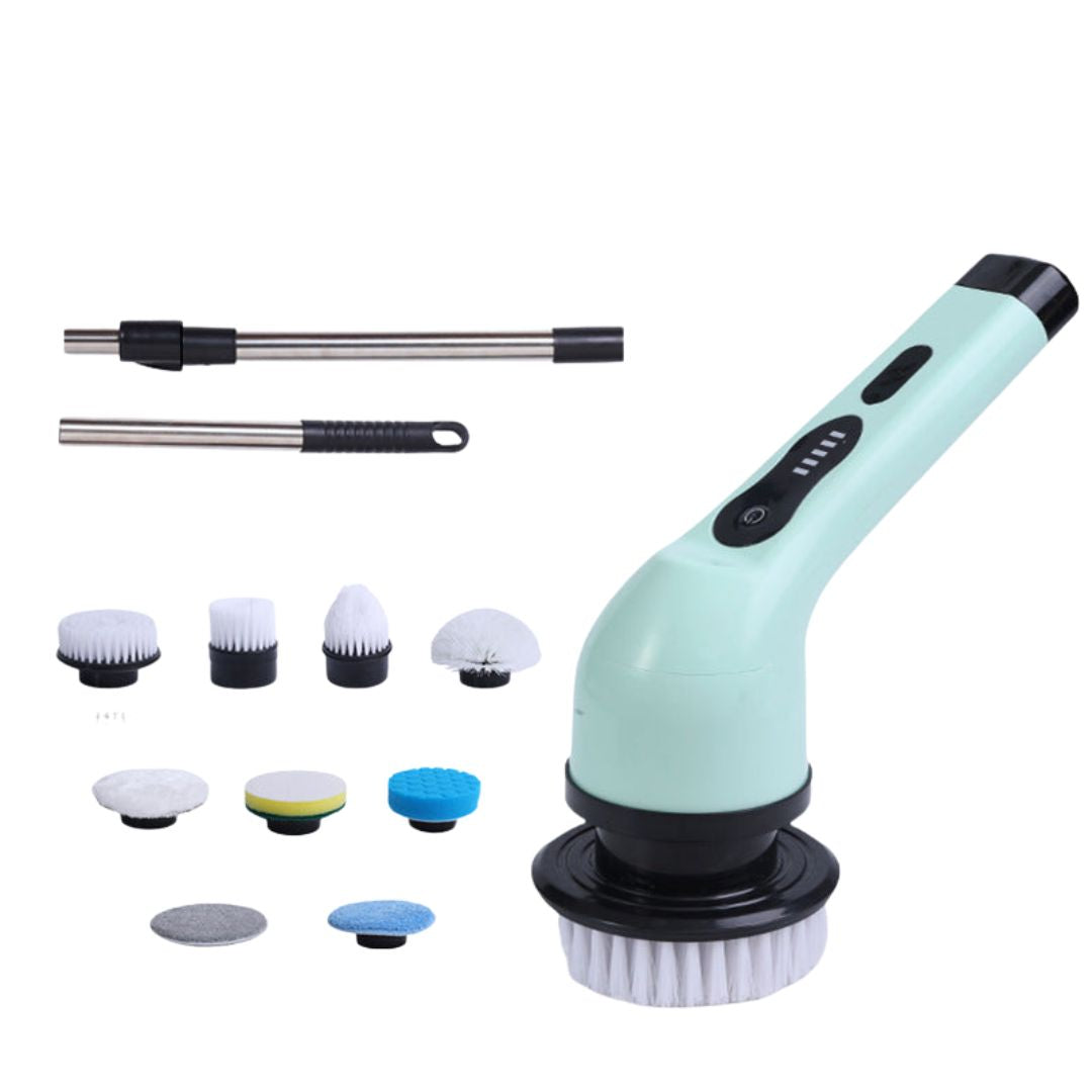"Brosse de nettoyage automatique 9en1 blanche et verte avec 9 têtes interchangeables pour surfaces variées."
