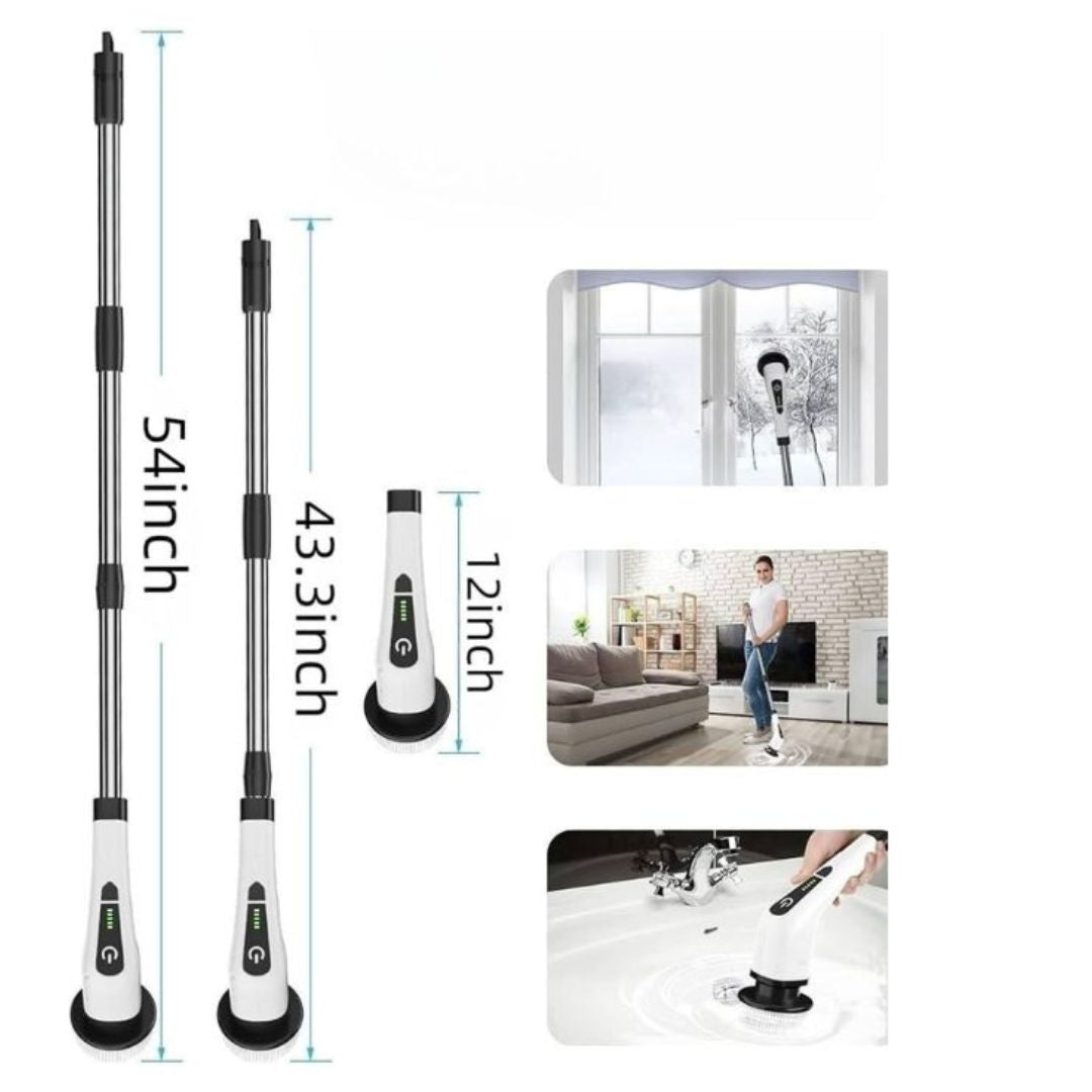 "Brosse de nettoyage automatique 9en1 blanche et verte avec 9 têtes interchangeables pour surfaces variées."