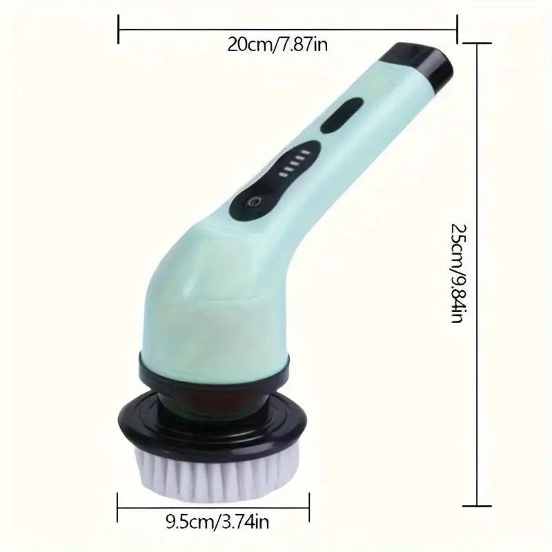 "Brosse de nettoyage automatique 9en1 blanche et verte avec 9 têtes interchangeables pour surfaces variées."