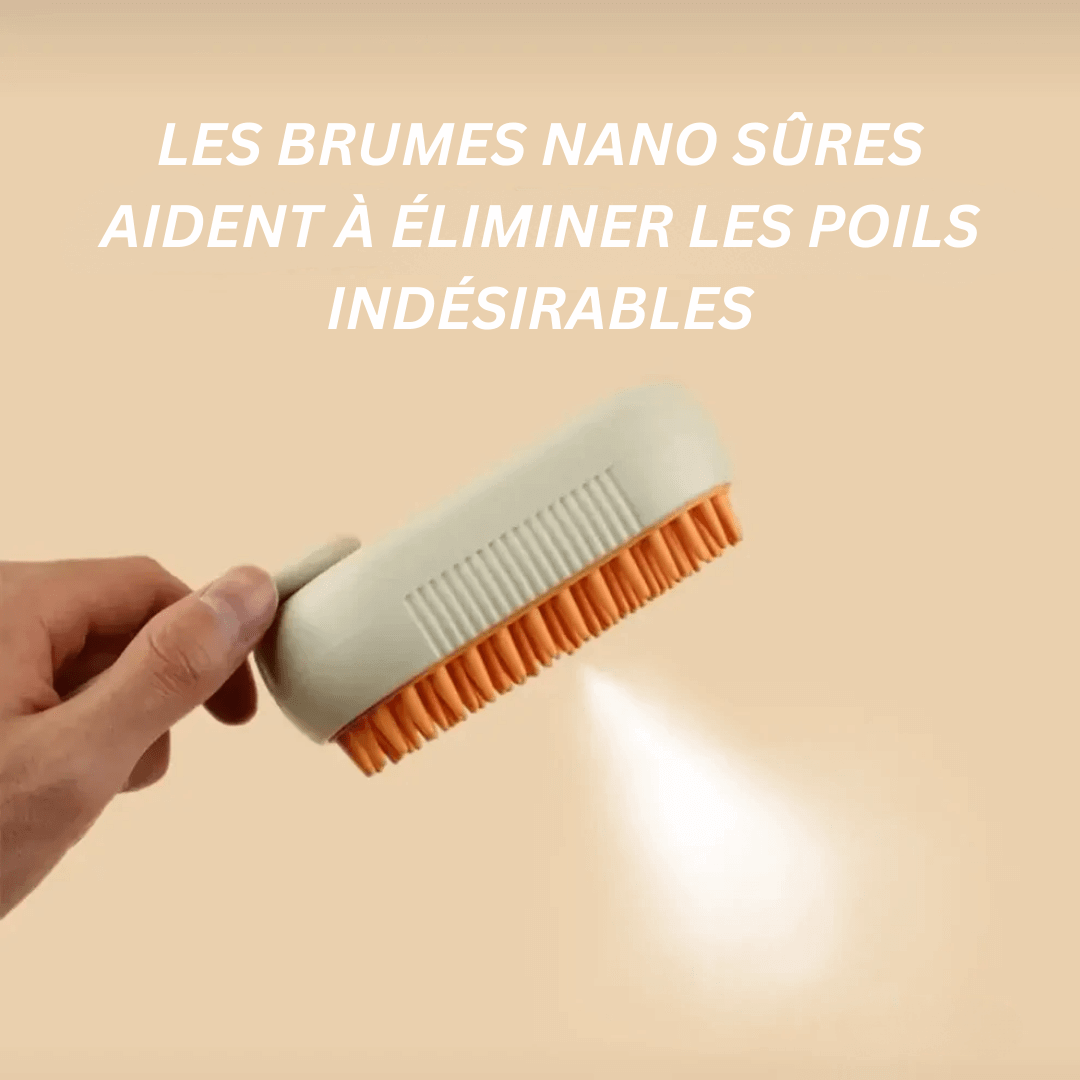 Brosse douce pour animaux, poils blancs et kaki. Démêle et rend le pelage brillant.