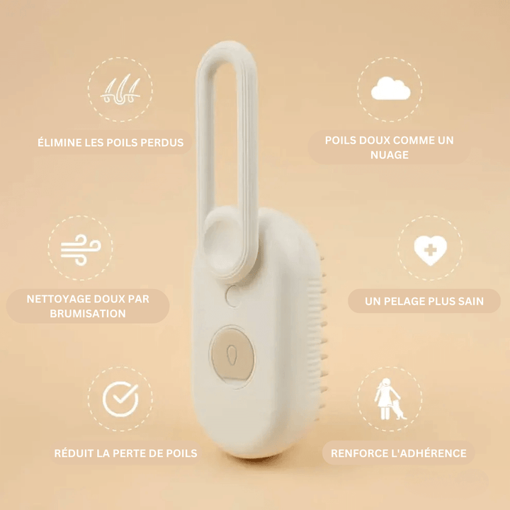 Brosse douce pour animaux, poils blancs et kaki. Démêle et rend le pelage brillant.