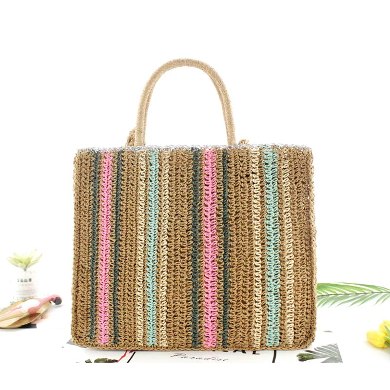 Grand sac de plage en paille multicolore, accessoire tendance pour femme, parfait pour l'été.