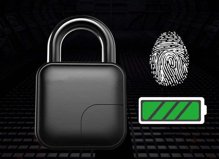 Cadenas biométrique IP65, ouverture empreinte digitale, sécurité sans clé, design compact et robuste.