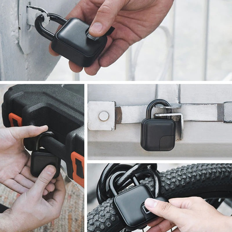 Cadenas biométrique IP65, ouverture empreinte digitale, sécurité sans clé, design compact et robuste.