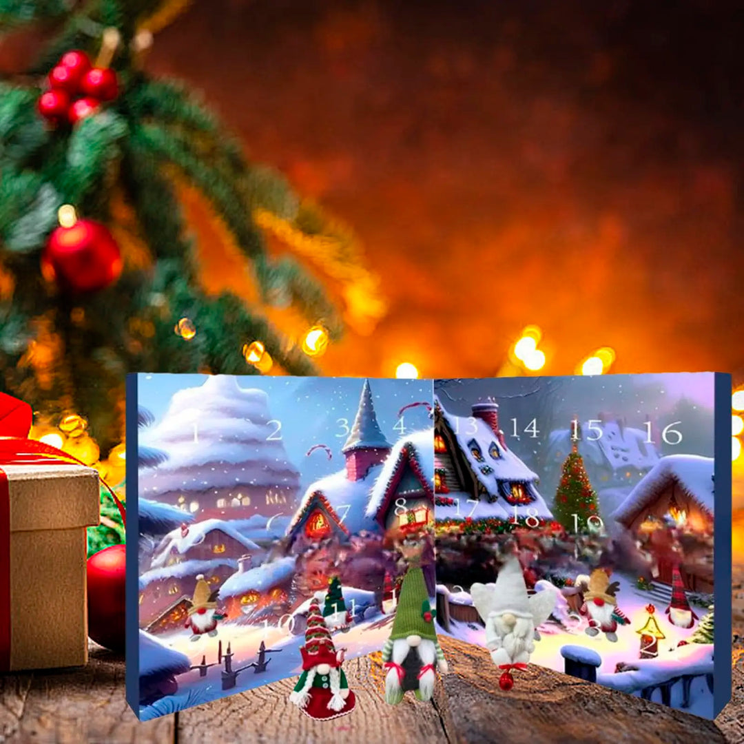 "Calendrier de l'Avent Noël avec 24 gnomes collectionnables, détails colorés et artisanat de haute qualité."