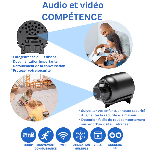 Caméra sécurité enfant HD discrète. Surveillance haute définition, petite taille, vision nocturne.
