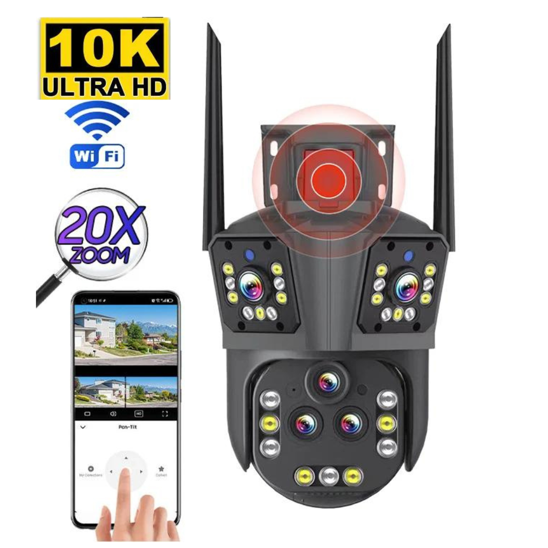 "Caméra sécurité sans fil 10K, vue extérieure, avec zoom optique x20, LED allumées pour vision nocturne en couleur."