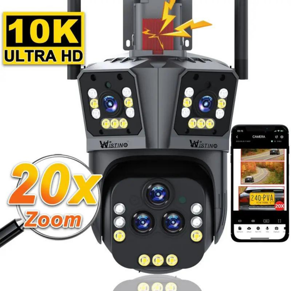 "Caméra sécurité sans fil 10K, vue extérieure, avec zoom optique x20, LED allumées pour vision nocturne en couleur."