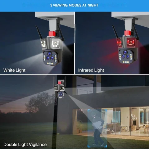 "Caméra sécurité sans fil 10K, vue extérieure, avec zoom optique x20, LED allumées pour vision nocturne en couleur."