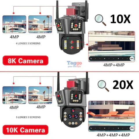 "Caméra sécurité sans fil 10K, vue extérieure, avec zoom optique x20, LED allumées pour vision nocturne en couleur."