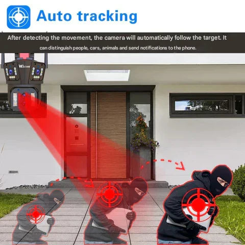 "Caméra sécurité sans fil 10K, vue extérieure, avec zoom optique x20, LED allumées pour vision nocturne en couleur."
