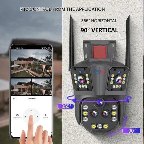 "Caméra sécurité sans fil 10K, vue extérieure, avec zoom optique x20, LED allumées pour vision nocturne en couleur."