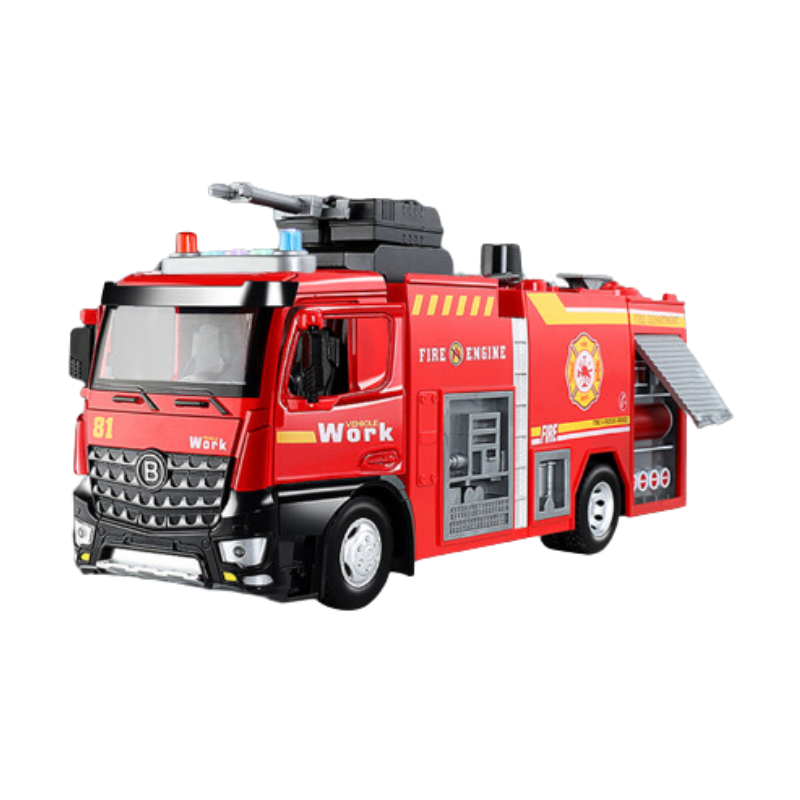"Camion de pompier jouet réaliste, jet d'eau, sons et lumières, tout-terrain, échelle de sauvetage, plaisir de jeu enfant"