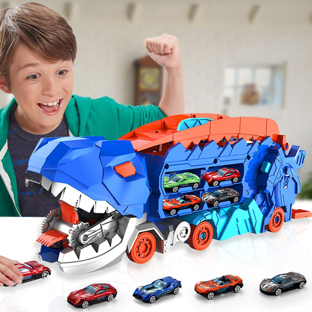 "Camion transformable en piste de course à thème dinosaure, jouet multicolore pour enfants 3-6 ans, renforce l'imagination."