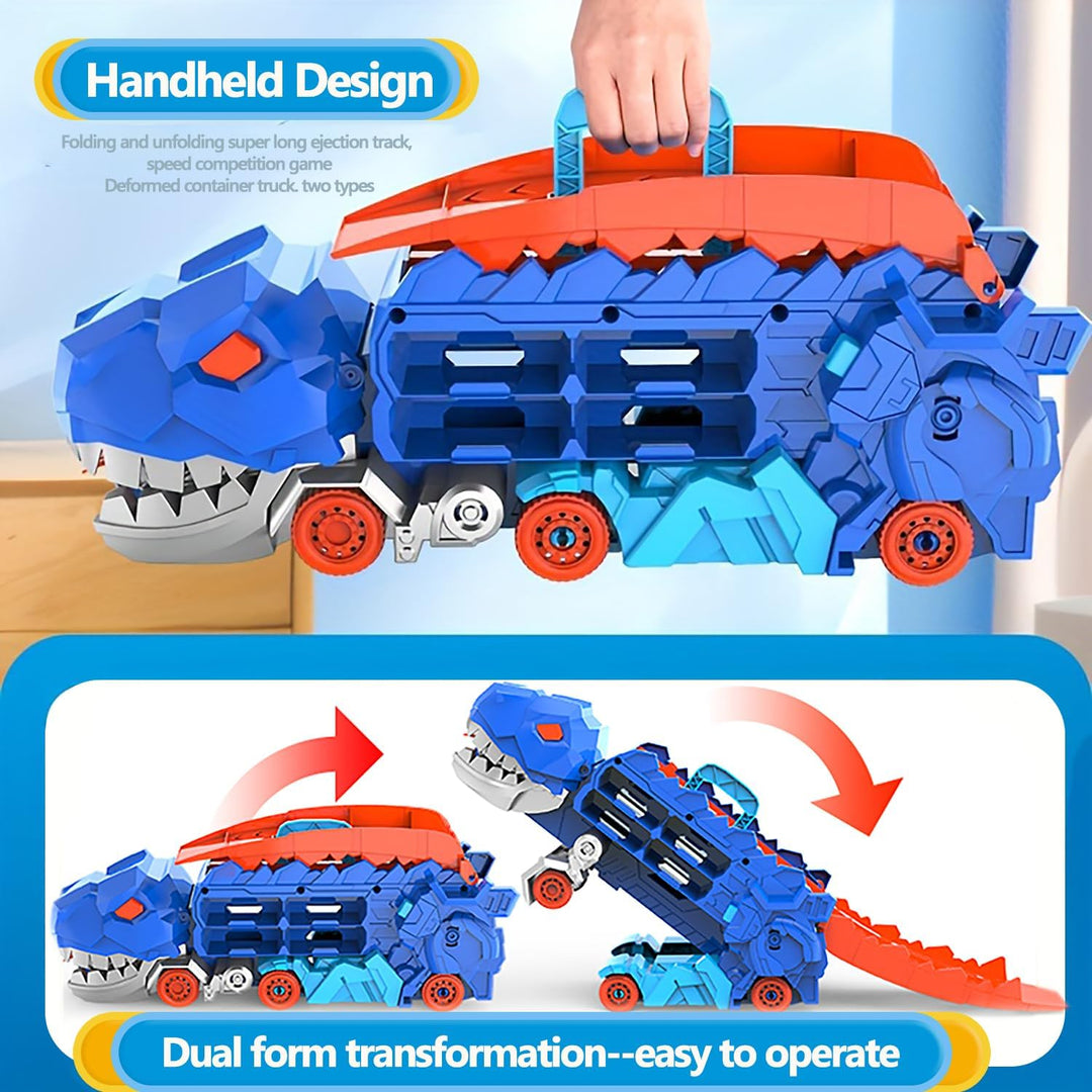 "Camion transformable en piste de course à thème dinosaure, jouet multicolore pour enfants 3-6 ans, renforce l'imagination."