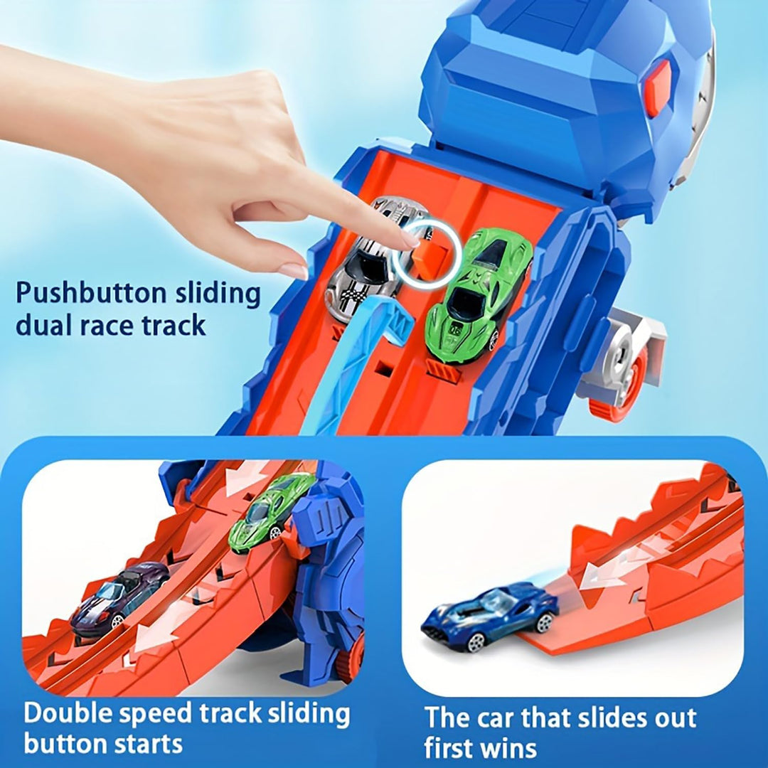 "Camion transformable en piste de course à thème dinosaure, jouet multicolore pour enfants 3-6 ans, renforce l'imagination."
