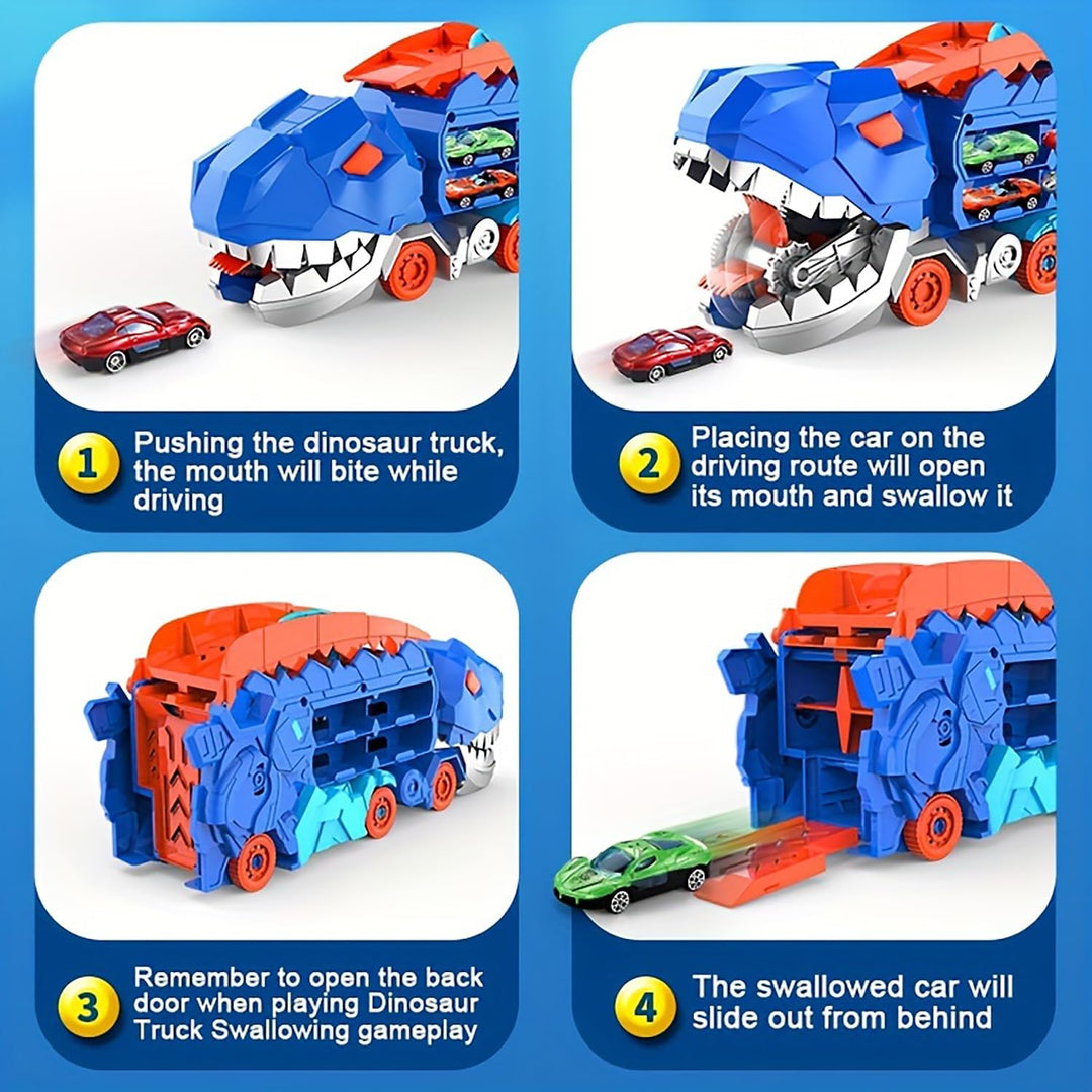 "Camion transformable en piste de course à thème dinosaure, jouet multicolore pour enfants 3-6 ans, renforce l'imagination."