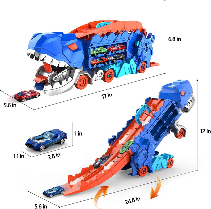 "Camion transformable en piste de course à thème dinosaure, jouet multicolore pour enfants 3-6 ans, renforce l'imagination."