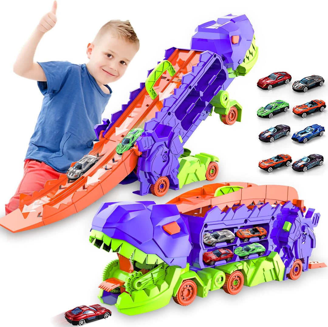"Camion transformable en piste de course à thème dinosaure, jouet multicolore pour enfants 3-6 ans, renforce l'imagination."