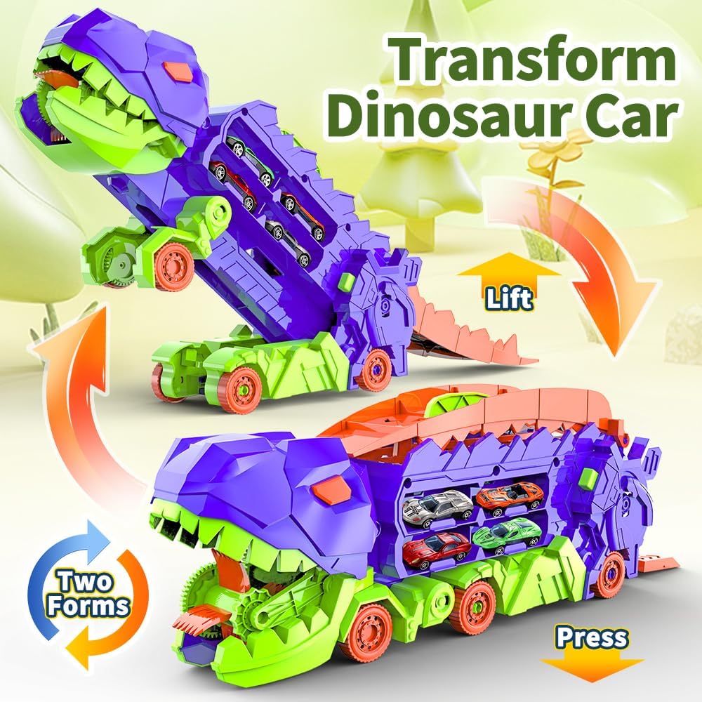 "Camion transformable en piste de course à thème dinosaure, jouet multicolore pour enfants 3-6 ans, renforce l'imagination."