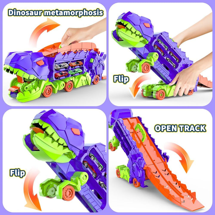 "Camion transformable en piste de course à thème dinosaure, jouet multicolore pour enfants 3-6 ans, renforce l'imagination."