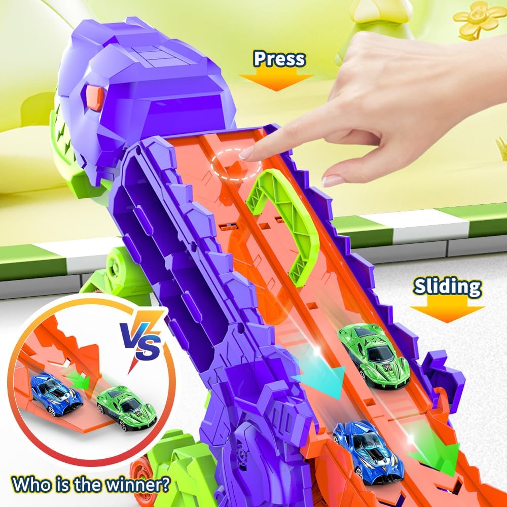 "Camion transformable en piste de course à thème dinosaure, jouet multicolore pour enfants 3-6 ans, renforce l'imagination."