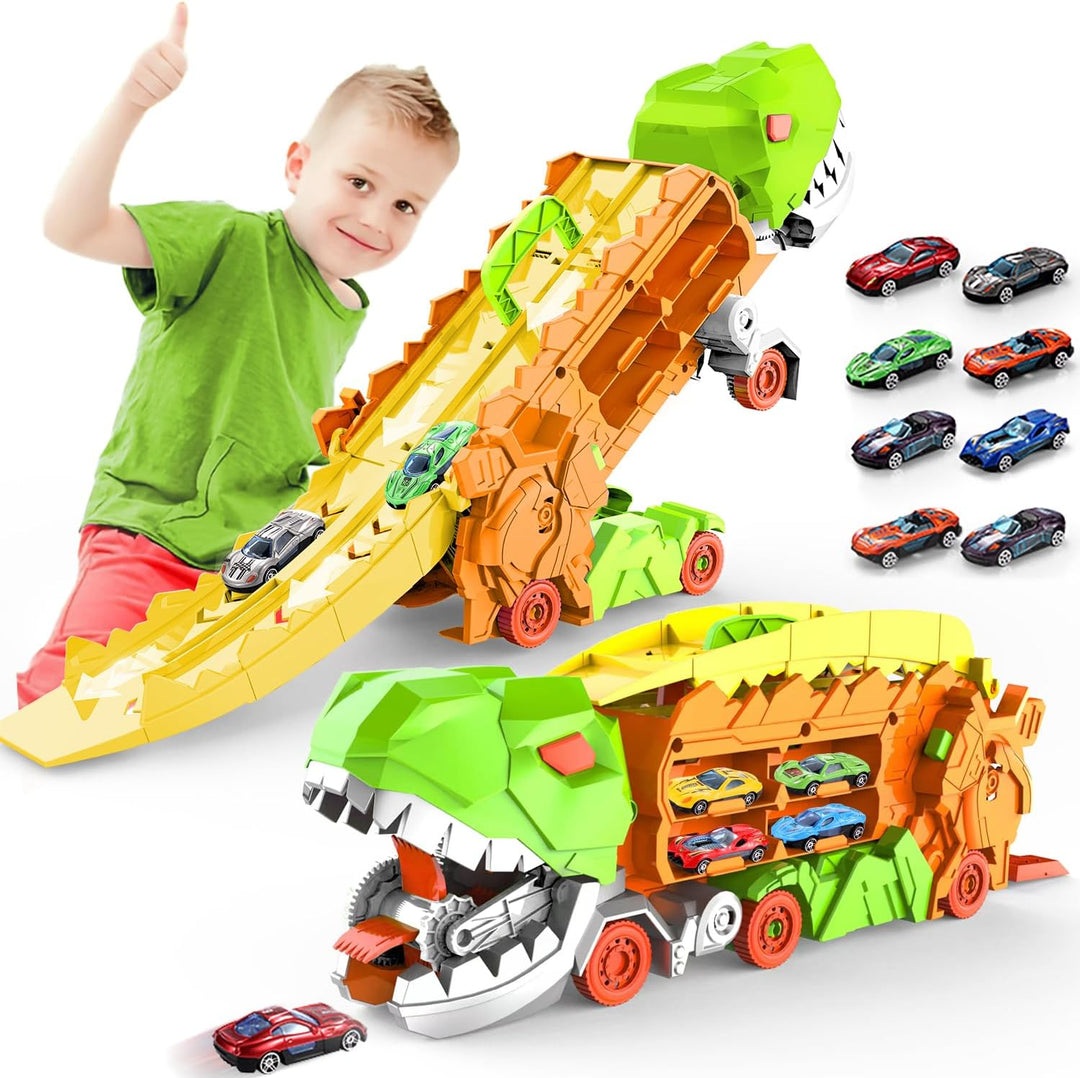 "Camion transformable en piste de course à thème dinosaure, jouet multicolore pour enfants 3-6 ans, renforce l'imagination."