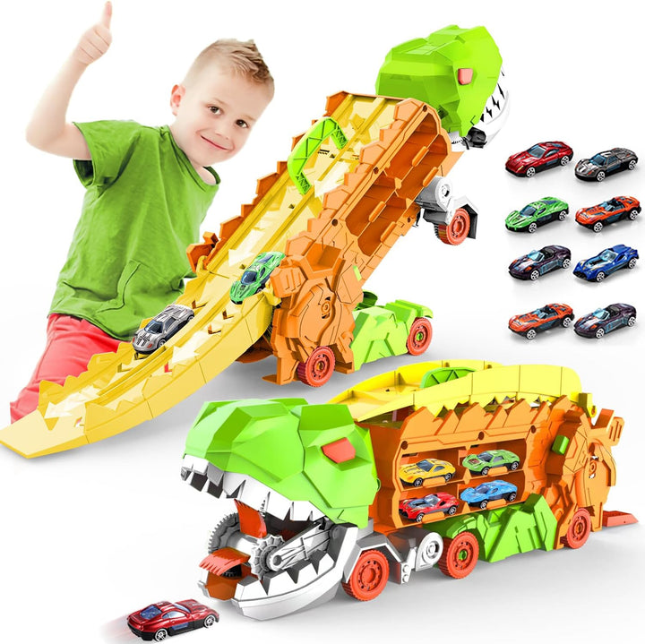 "Camion transformable en piste de course à thème dinosaure, jouet multicolore pour enfants 3-6 ans, renforce l'imagination."