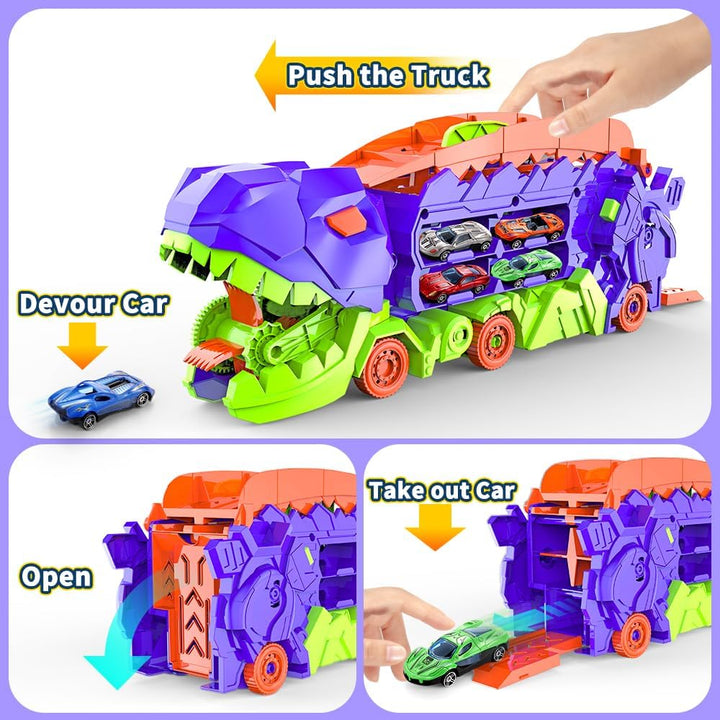 "Camion transformable en piste de course à thème dinosaure, jouet multicolore pour enfants 3-6 ans, renforce l'imagination."