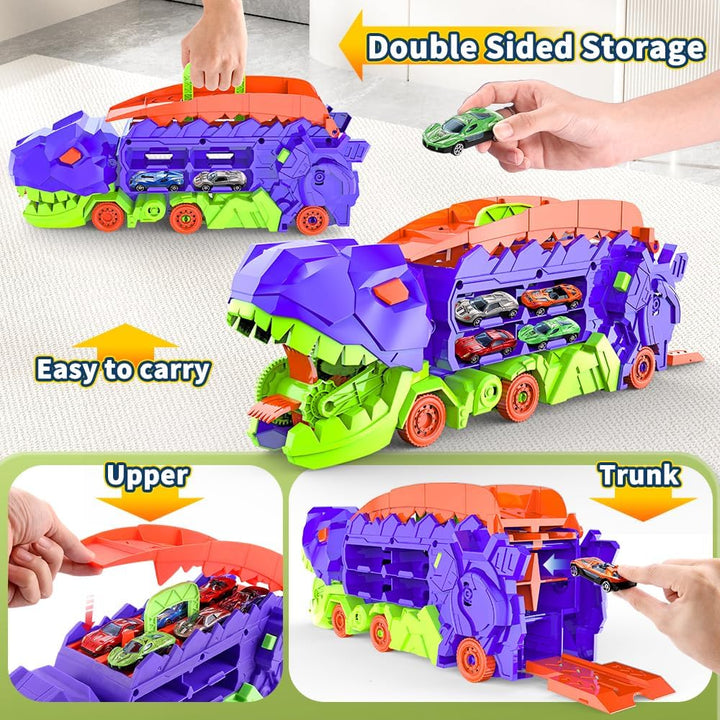 "Camion transformable en piste de course à thème dinosaure, jouet multicolore pour enfants 3-6 ans, renforce l'imagination."