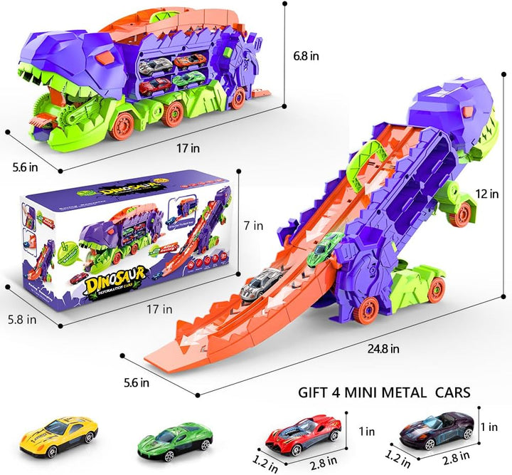 "Camion transformable en piste de course à thème dinosaure, jouet multicolore pour enfants 3-6 ans, renforce l'imagination."