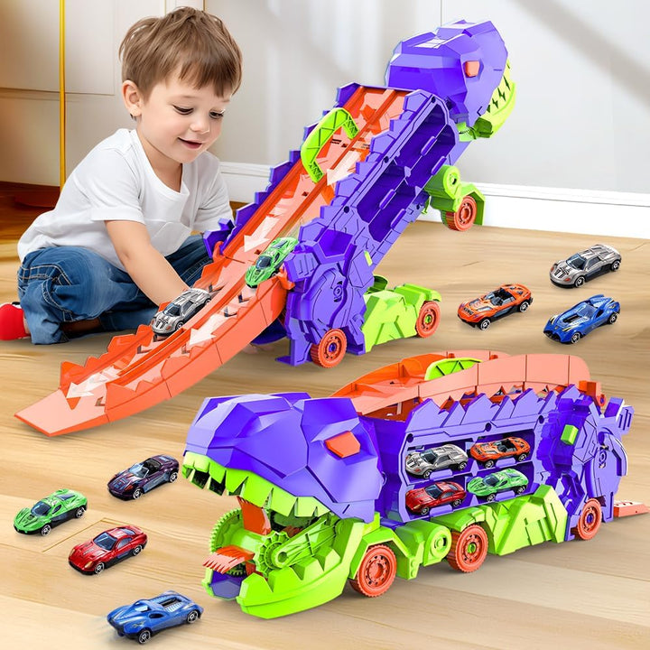 "Camion transformable en piste de course à thème dinosaure, jouet multicolore pour enfants 3-6 ans, renforce l'imagination."